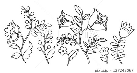 Coloring book. Set of abstract fantasy flowers, berries and leaves in folk style. Vector illustration in doodle style Coloring book. Set of abstract fantasy flowers, berries and leaves in folk style. Vector illustration in doodle style 127248067