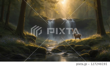 Picturesque tranquility of a sunlit forest clearing with a majestic deer by a flowing stream. 127248191