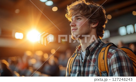Hopeful young man with backpack looking upward 127248243