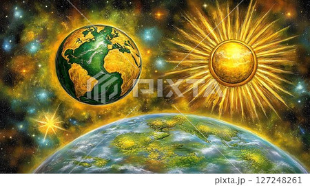 Artistic cosmic scene earth and sun in vibrant colors 127248261