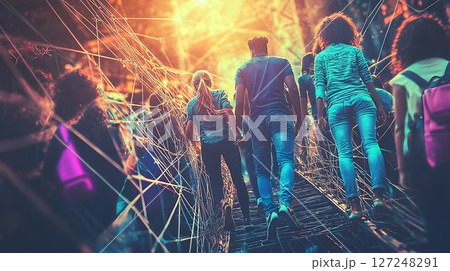 Diverse people walking rope bridge at sunset adventure travel 127248291