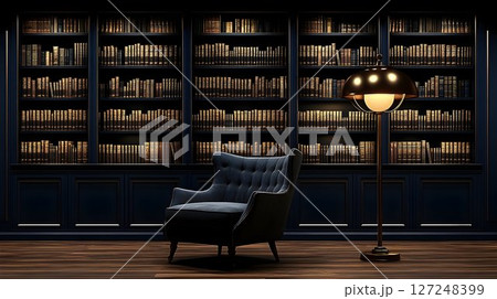 Dark blue armchair in classic library setting with bookshelves and floor lamp 127248399