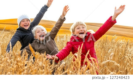 Joyful children playing in golden wheat field sunny day 127248423