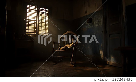 Aged wooden rocking chair in dark room sunlight from window Aged wooden rocking chair in dark room sunlight from window 127248430