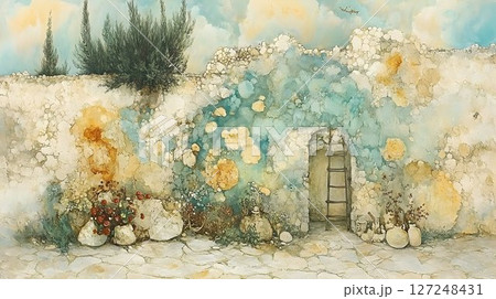 Stone wall with flowers and plants painting soft color palette idyllic setting Stone wall with flowers and plants painting soft color palette idyllic setting 127248431