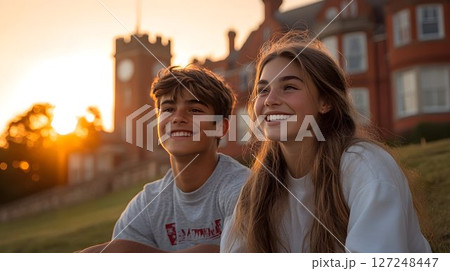 Smiling teenagers at sunset near building youth education happiness 127248447