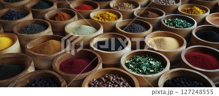 Spices. Different seasoning in cups. Spice background. Herbs, ground spices for cooking on a light backdrop. Top view. Variety of colorful, organic, dried, vibrant condiment. Indian food. Long banner 127248555