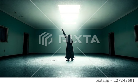 Silhouette reaching for light hope aspiration and inner strength 127248691