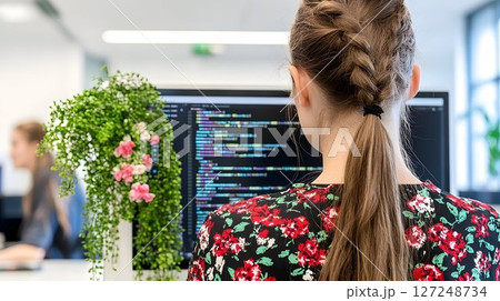 Woman programmer working on computer in modern office setting 127248734
