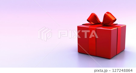 Red gift box on purple color background. Long panoramic horizontal banner with free space for text. Closed glossy shiny product box template tied with red ribbon, bow. Luxury present. Christmas Shop 127248864