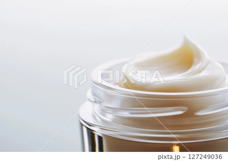 Open Glass Cosmetic Jar with White Face Cream Texture. Mockup Package Template. Light Gray Background. Natural Cosmetics Showing. Beauty Product Mock-up. Skincare, Facial mask. Trendy Bottle. Spa Open Glass Cosmetic Jar with White Face Cream Texture. Mockup Package Template. Light Gray Background. Natural Cosmetics Showing. Beauty Product Mock-up. Skincare, Facial mask. Trendy Bottle. Spa 127249036