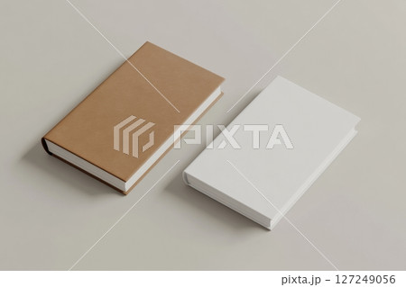 White and brown two clean books cover mockup. Hardcover book template. Top view, copy space. Brochure, magazine or album mock up on a beige gray background. Notebook, Notepad mock-up. Branding Design 127249056