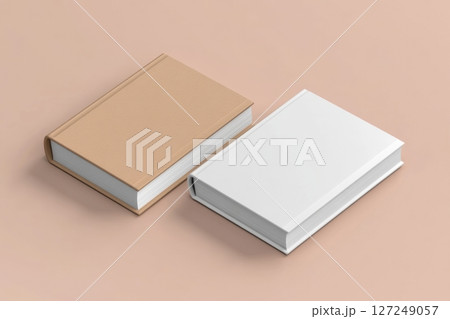 White and brown two clean books cover mockup. Hardcover book template. Top view, copy space. Brochure, magazine or album mock up on a beige solid background. Notebook, Notepad mock-up. Branding Design 127249057