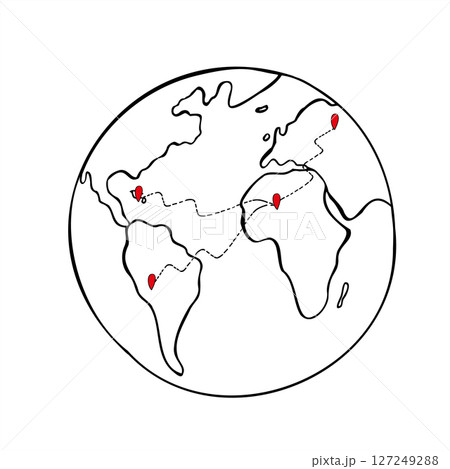 Minimalist vector globe with abstract continents and random red location markers. Global and data visualization, world internet network graphic sketch. For presentations, infographics, websites. Minimalist vector globe with abstract continents and random red location markers. Global and data visualization, world internet network graphic sketch. For presentations, infographics, websites. 127249288