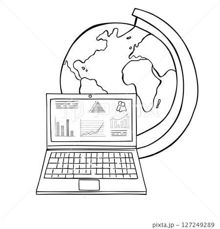 Open laptop with globe monochrome vector illustration. abstract presentation slides with graphs on notebook screen etching drawing. For business concept, education material, corporate design project Open laptop with globe monochrome vector illustration. abstract presentation slides with graphs on notebook screen etching drawing. For business concept, education material, corporate design project 127249289