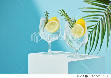 Refreshing lemon drink on light blue. Summer refreshing lemonade drink or alcoholic cocktail with ice, rosemary and lemon slices. Fresh cold lemon beverage. Water with lemon. Sunlight and palm shadows 127249304