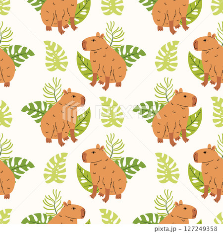 Seamless pattern with funny kawaii capybara and tropical leaf in cartoon flat style, arranged in polka dot order on light background. Seamless pattern with funny kawaii capybara and tropical leaf in cartoon flat style, arranged in polka dot order on light background. 127249358