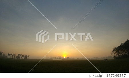 Minimalist Dawn: Sun, Sky, and Rural Horizon. Minimalist Dawn: Sun, Sky, and Rural Horizon. 127249387