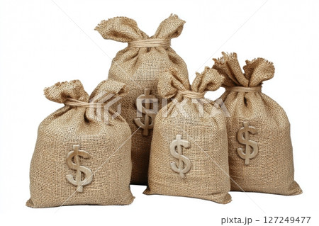 Big money bags set with USD dollar sign isolated on white background. Dividend return profit from investment funding. Financial, accounting concept. Cash Sack. Success, wealth, economic. Stock market 127249477