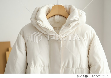 Blank template white down jacket with zipped, front view isolated on white background. Mockup winter jacket for design. Warm Puffer Hanging On Wall. Fashion clothes. Fall apparel. Modern youth style. 127249507