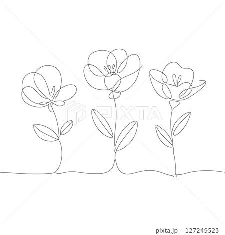 Soft Floral Line Drawing. Gentle hand-drawn flowers created in a subtle continuous line. This floral trio offers a dreamy, airy feel for calm and elegant visuals. 127249523