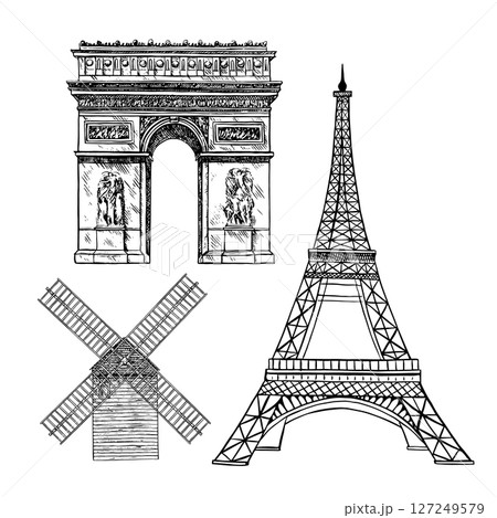 A set of Parisian attractions. Eiffel Tower, Arc de Triomphe stars, the Moulin de Galette mill. Vector graphics, hand-drawn black and white illustrations. Isolates on a white background. 127249579