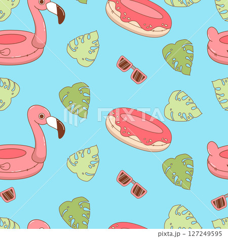Beach Seamless pattern. Cute summer Toy inflatable pink flamingo and donut on blue background with tropical leaves and sunglasses. Vector illustration. Kids collection Beach Seamless pattern. Cute summer Toy inflatable pink flamingo and donut on blue background with tropical leaves and sunglasses. Vector illustration. Kids collection 127249595