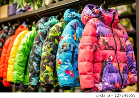 Colorful puffer jackets hanging on display. Winter jackets hooded with zipper and pockets in a retail store, various styles, hues. Rack of clothes. Colourful seasonal fashion garments sale. Outerwear. Colorful puffer jackets hanging on display. Winter jackets hooded with zipper and pockets in a retail store, various styles, hues. Rack of clothes. Colourful seasonal fashion garments sale. Outerwear. 127249659