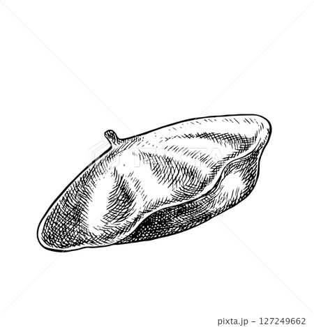 French beret. Vector black-and-white hand-drawn illustration. Isolate on a white background. A fashionable accessory for the head. For postcards, banners, flyers, posters and more. 127249662
