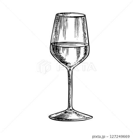 A glass of wine. Vector graphics, black and white hand-drawn illustration. Isolate on a white background. For packages and labels. For banners and posters. For the menu of restaurants and bars. A glass of wine. Vector graphics, black and white hand-drawn illustration. Isolate on a white background. For packages and labels. For banners and posters. For the menu of restaurants and bars. 127249669