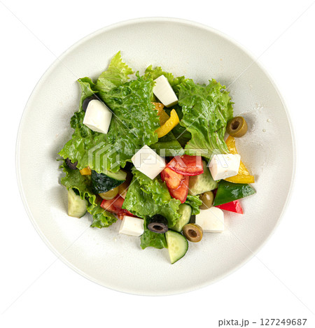 Isolated portion of fresh greek salad 127249687