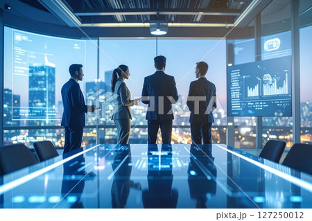 夜の高層オフィスで未来型ディスプレイを囲むビジネスチームのテクノロジー会議シーン 夜の高層オフィスで未来型ディスプレイを囲むビジネスチームのテクノロジー会議シーン 127250012