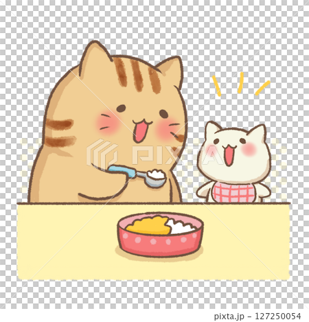Brown tabby cat trying to feed baby food to a child 127250054