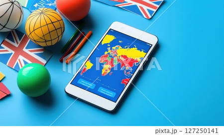 Global learning tablet, flags, and playful spheres. 127250141