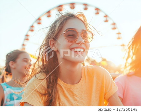 Golden hour fun teenage girl smiles at amusement park Golden hour fun teenage girl smiles at amusement park 127250148