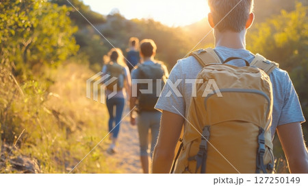 Golden hour hike friends exploring natures trails Golden hour hike friends exploring natures trails 127250149