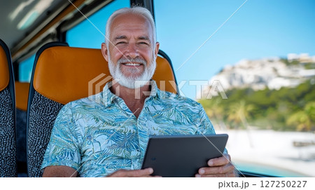 Man on a bus engaged with tablet modern commuting experience in urban life 127250227