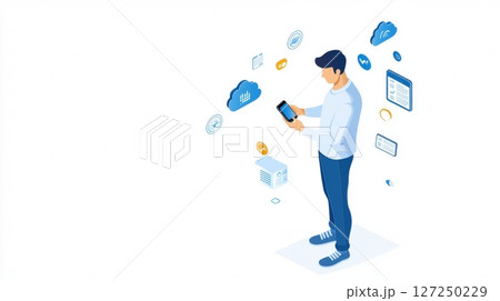 Man using smartphone, cloud computing, data management, isometric illustration 127250229