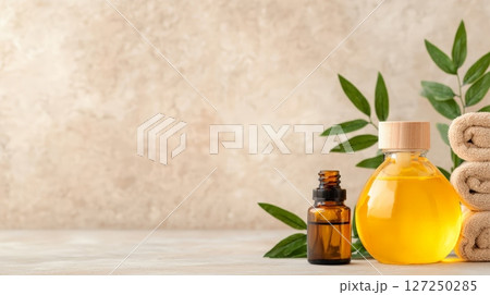Relaxing aromatherapy essential oil bottle beside a soft towel for your wellness routine 127250285