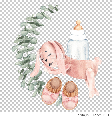 Baby Girl cute composition. Pink Booties, plush Bunny Toy, Bottle for milk and eucalyptus branches. Watercolor hand drawn kid illustration in eco style. For baby shower, Its a girl or gender reveal 127250351