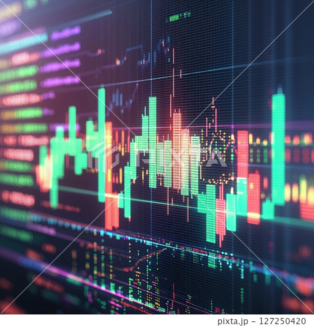 Vibrant stock market data visualization digital candlestick chart 127250420