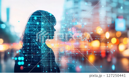 Woman Silhouetted Against Digital Network in Urban Setting 127250441