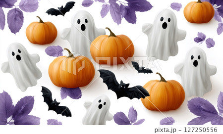 Cute ghosts and pumpkins flying on white background with purple leaves and black bats for Halloween 127250556