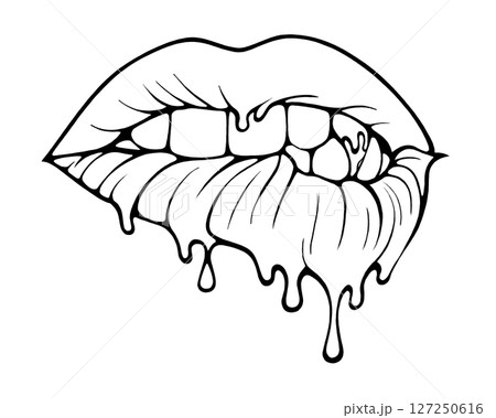 Linear drawing of lips with colored flowing lipstick . Dripping lipstick in comic book style. Linear drawing of lips with colored flowing lipstick . Dripping lipstick in comic book style. 127250616