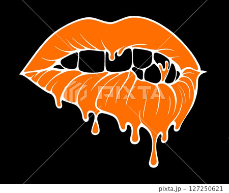 Linear drawing of lips with colored flowing lipstick . Dripping lipstick in comic book style. 127250621