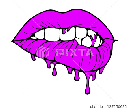 Linear drawing of lips with colored flowing lipstick . Dripping lipstick in comic book style. 127250623