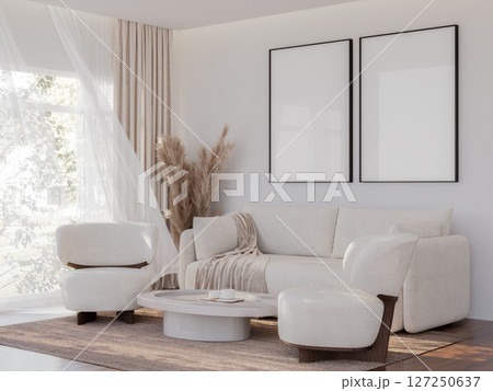 Bright & Modern Living Room with Blank Frame Mockup 127250637
