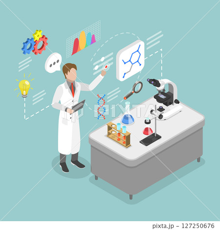 3D Isometric Flat Vector Illustration of Science Researching Lab, Scientist Using Virtual User Interface And Equipment 127250676