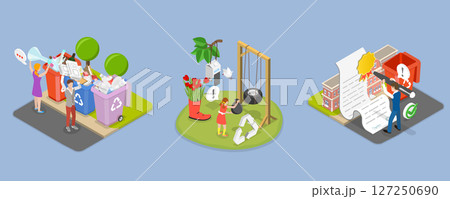 3D Isometric Flat Vector Illustration of Garbage Collection and Sorting, Waste Collection And Recycling Issues 3D Isometric Flat Vector Illustration of Garbage Collection and Sorting, Waste Collection And Recycling Issues 127250690