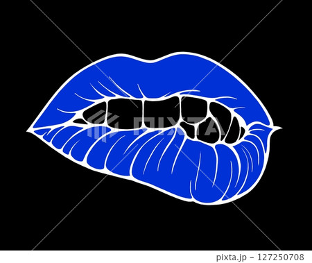 Linear drawing of lips with colored flowing lipstick . Dripping lipstick in comic book style. 127250708